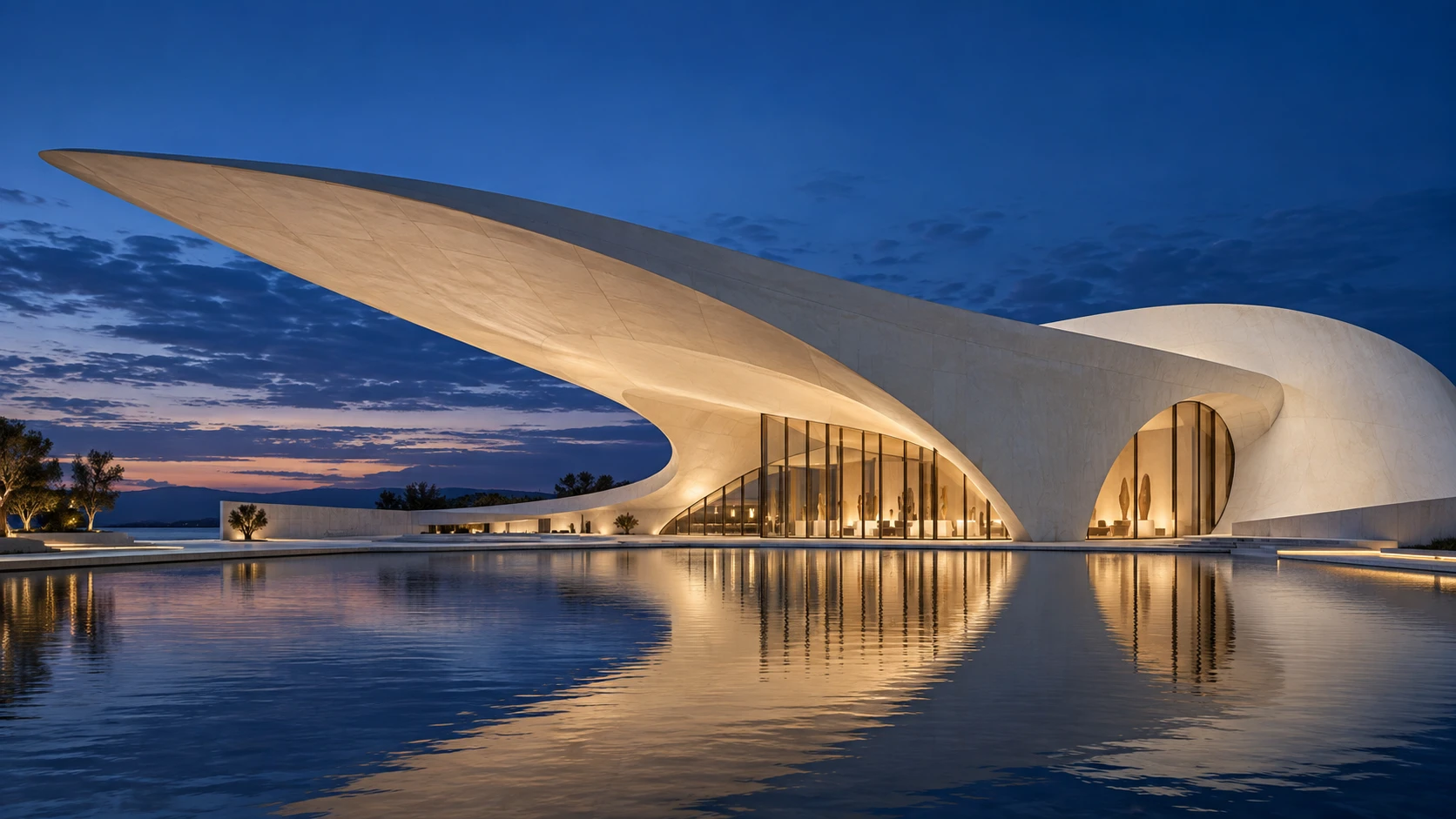Architectural concept of a sculptural museum reflected in water beneath a dusk sky