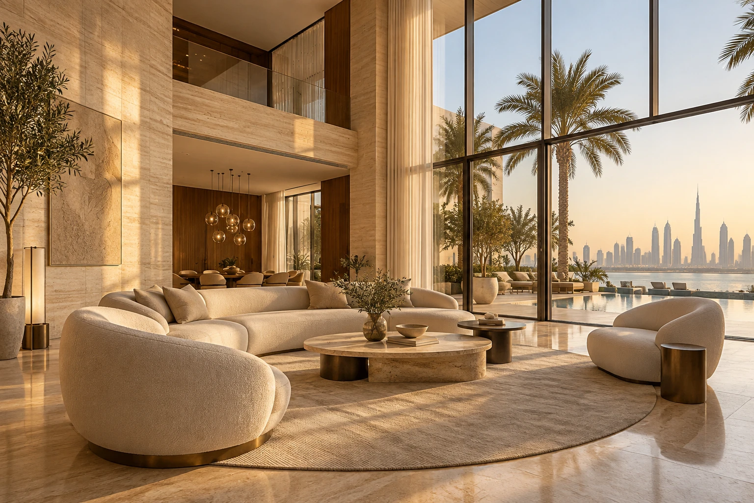 AI-generated villa interior with sculptural seating, natural stone and warm timber